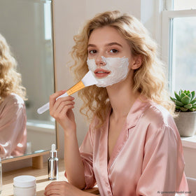 LORMAY brush in hand to show scale and easy travel-friendly benefit