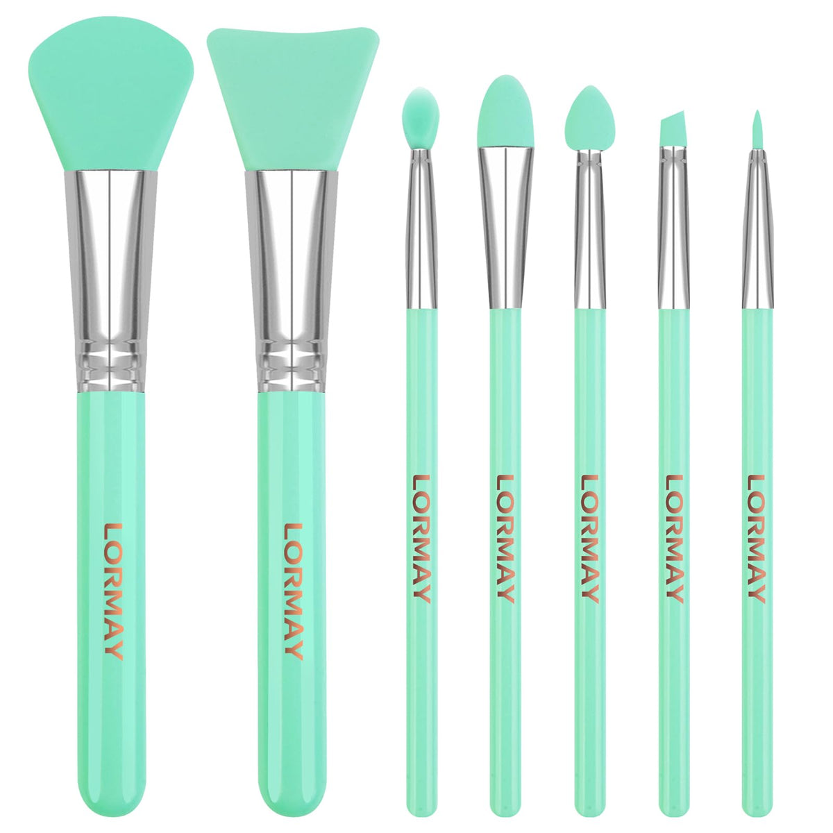 LORMAY mint green kit front packaging showing seven silicone applicators and compact case benefit easy storage