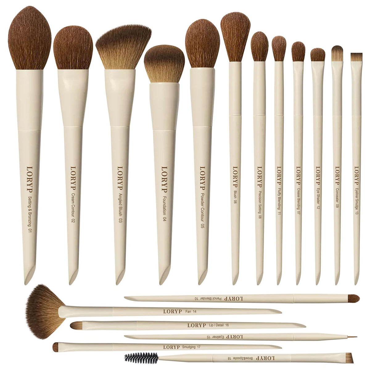 LORYP front view of khaki 18-piece brush set, organized and complete