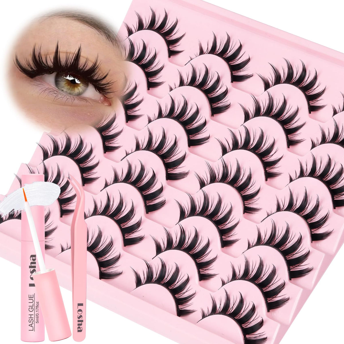 Losha Lashes front packaging showing 14-pair kit and accessories for variety