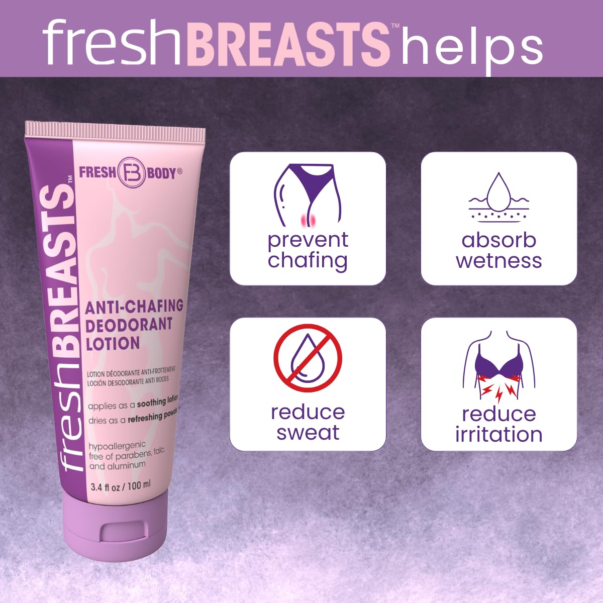 Fresh Body FB lotion texture swatch drying to a silky, powder-like finish for quick moisture control