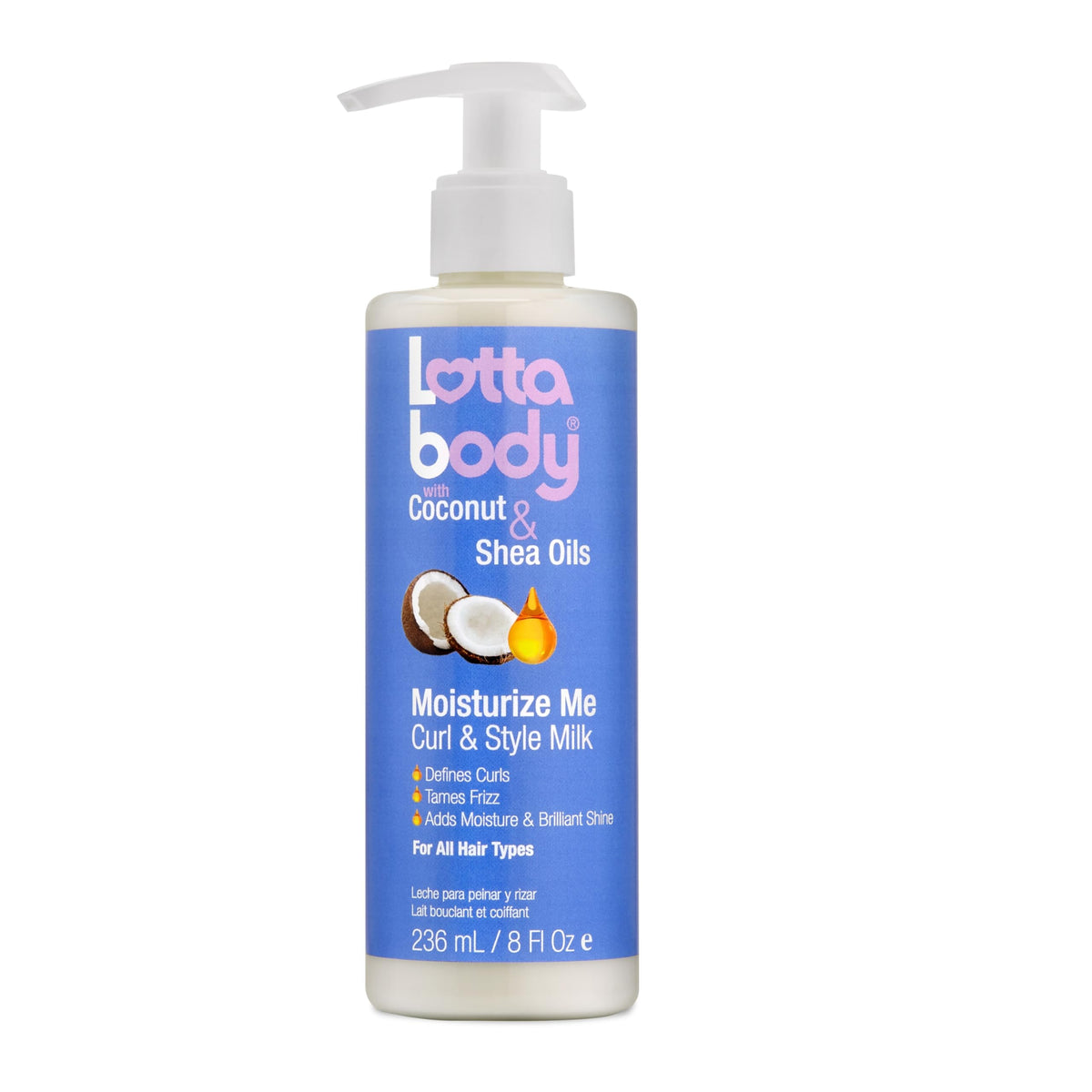 Lottabody front bottle of Moisturize Me Curl & Style Milk showing packaging and benefit