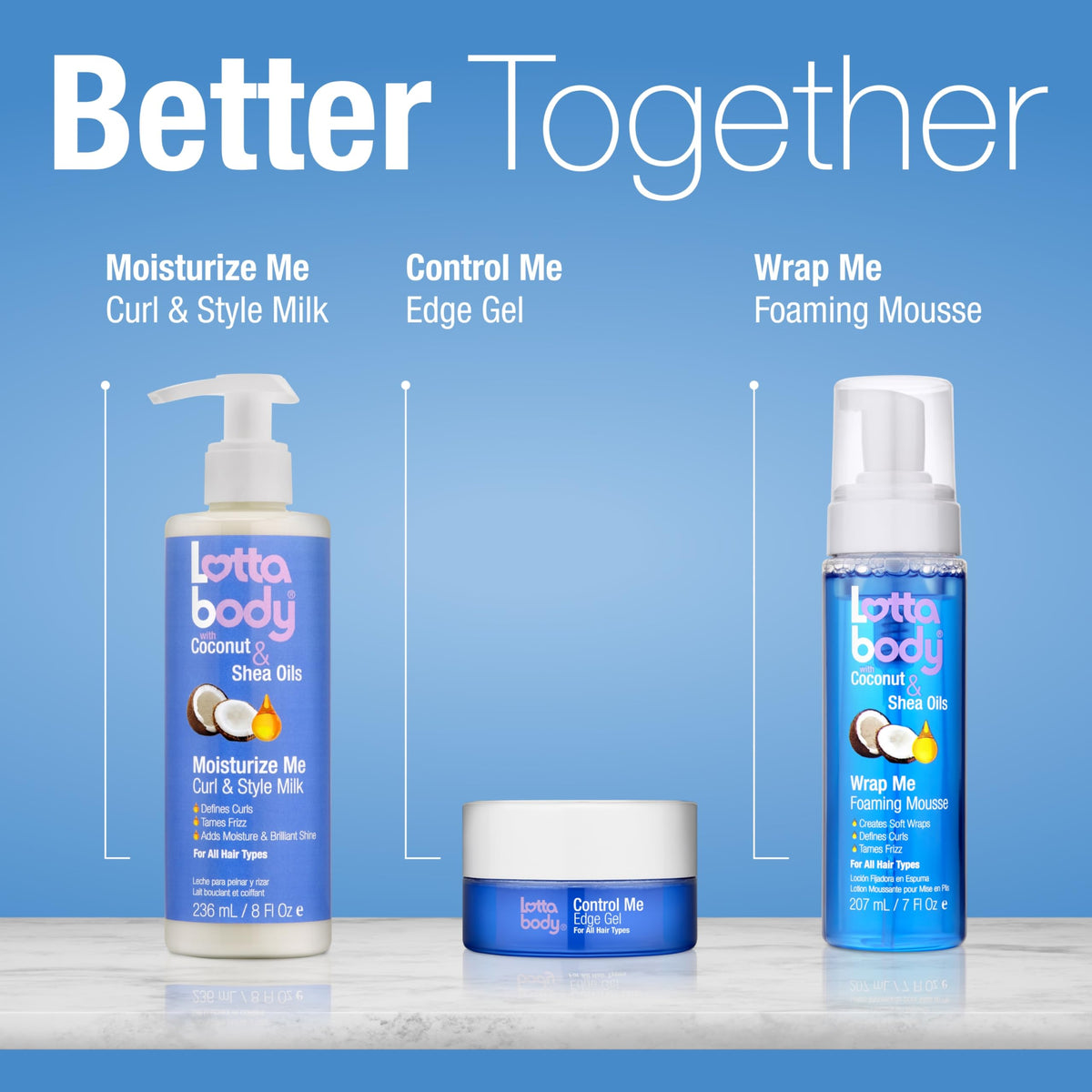 Lottabody bottle styled on bathroom shelf in lifestyle scene for everyday use