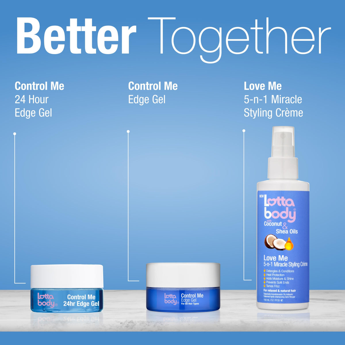 Lottabody bottle beside coconut and shea butter indicating nourishing oils