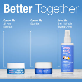 Lottabody bottle beside coconut and shea butter indicating nourishing oils