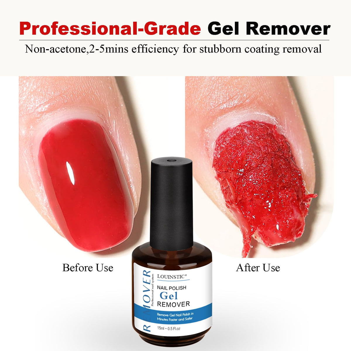 LOUINSTIC bottle close-up label highlighting acetone-free gentle formula