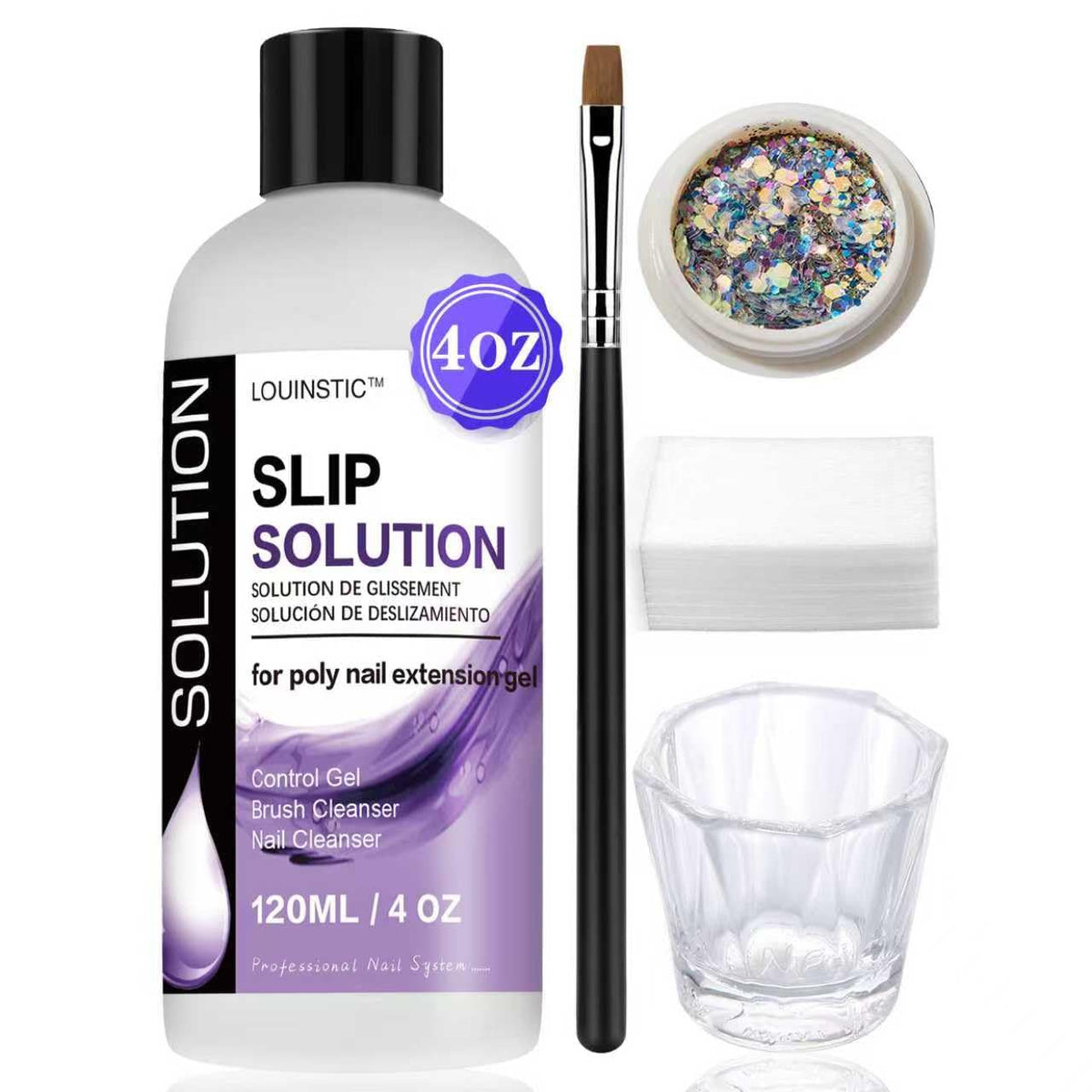 LOUINSTIC front packaging showing 4oz slip solution and tools for neat application