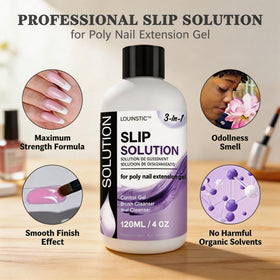 Glass cup with lint-free pads beside LOUINSTIC bottle for controlled brush cleaning