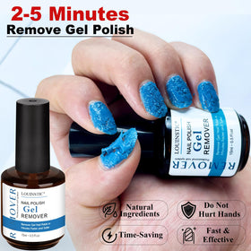 LOUINSTIC woman on sofa using kit showing easy at-home manicure cleanup