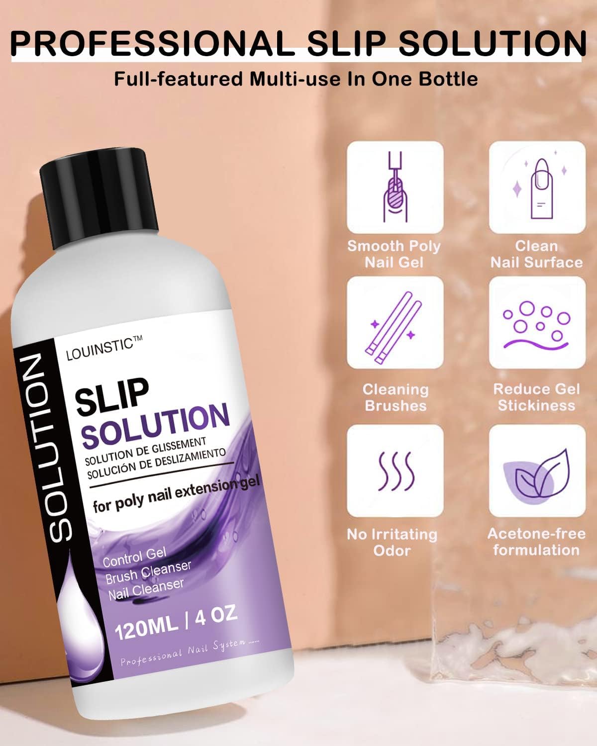 LOUINSTIC bottle beside fingers for scale showing compact 4oz professional size