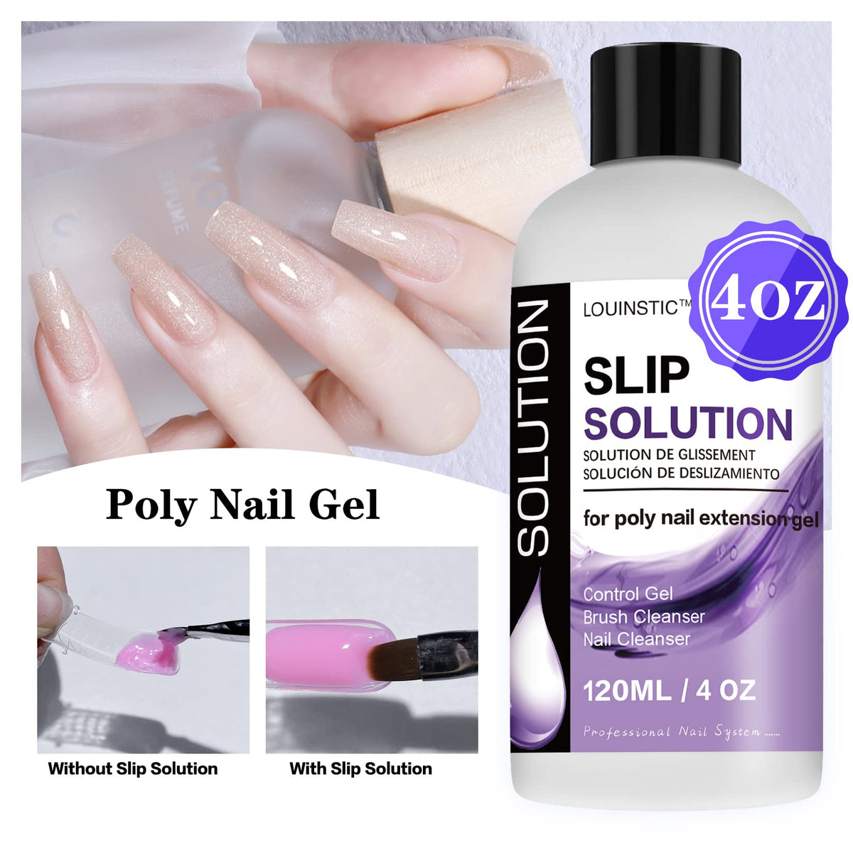 LOUINSTIC slip solution with included brush and 20 non-lint pads demonstrating ready-to-use kit