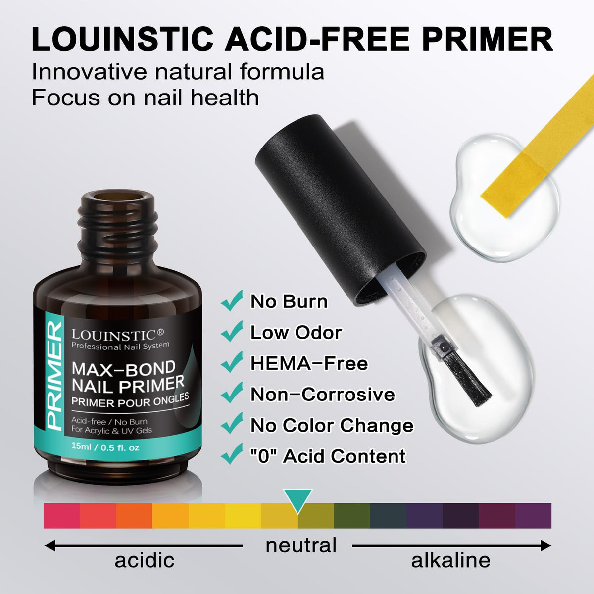 LOUINSTIC primer droplet on nail plate demonstrating fast-dry, tacky finish benefit