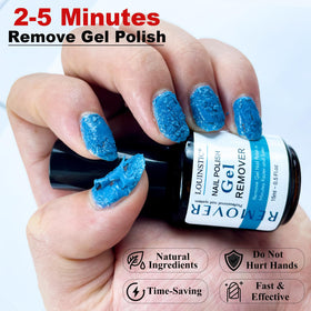 LOUINSTIC two 15ml remover bottles highlighting quick gel softening benefit