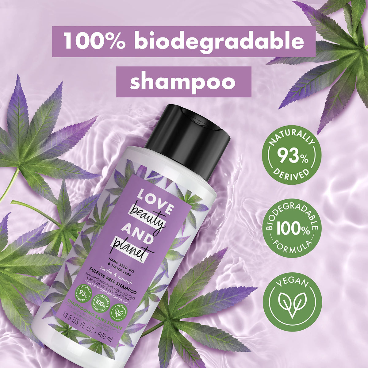 Love Beauty and Planet back label highlighting ingredients and recycled bottle benefit