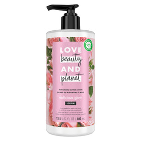 Love Beauty and Planet front bottle showing Murumuru Butter and Rose benefits