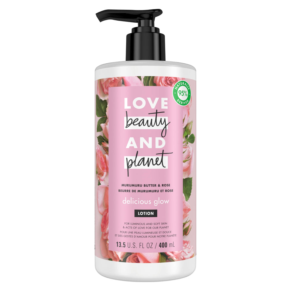 Love Beauty and Planet front bottle showing Murumuru Butter and Rose benefits