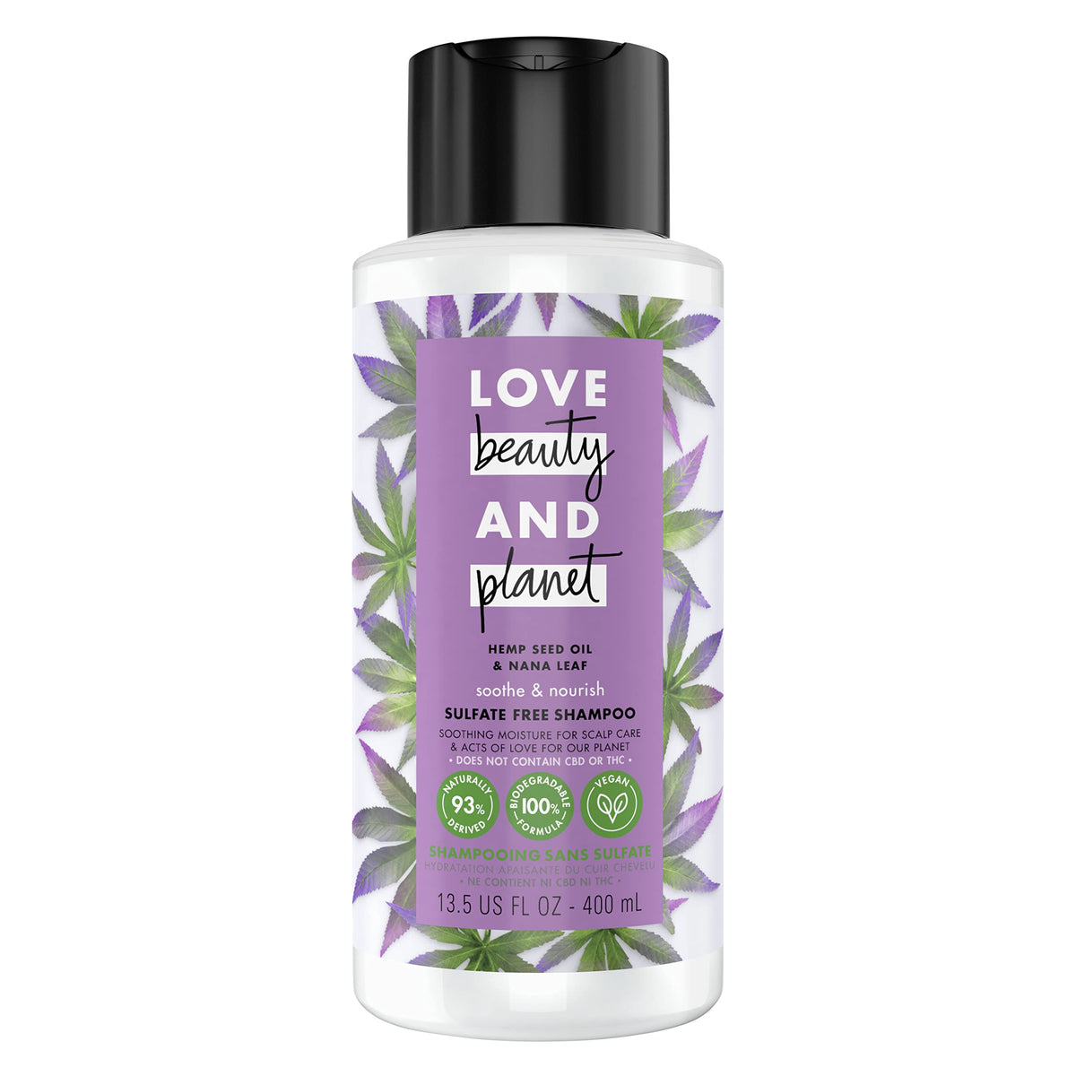 Love Beauty and Planet front packaging showing hemp seed and nana leaf benefits