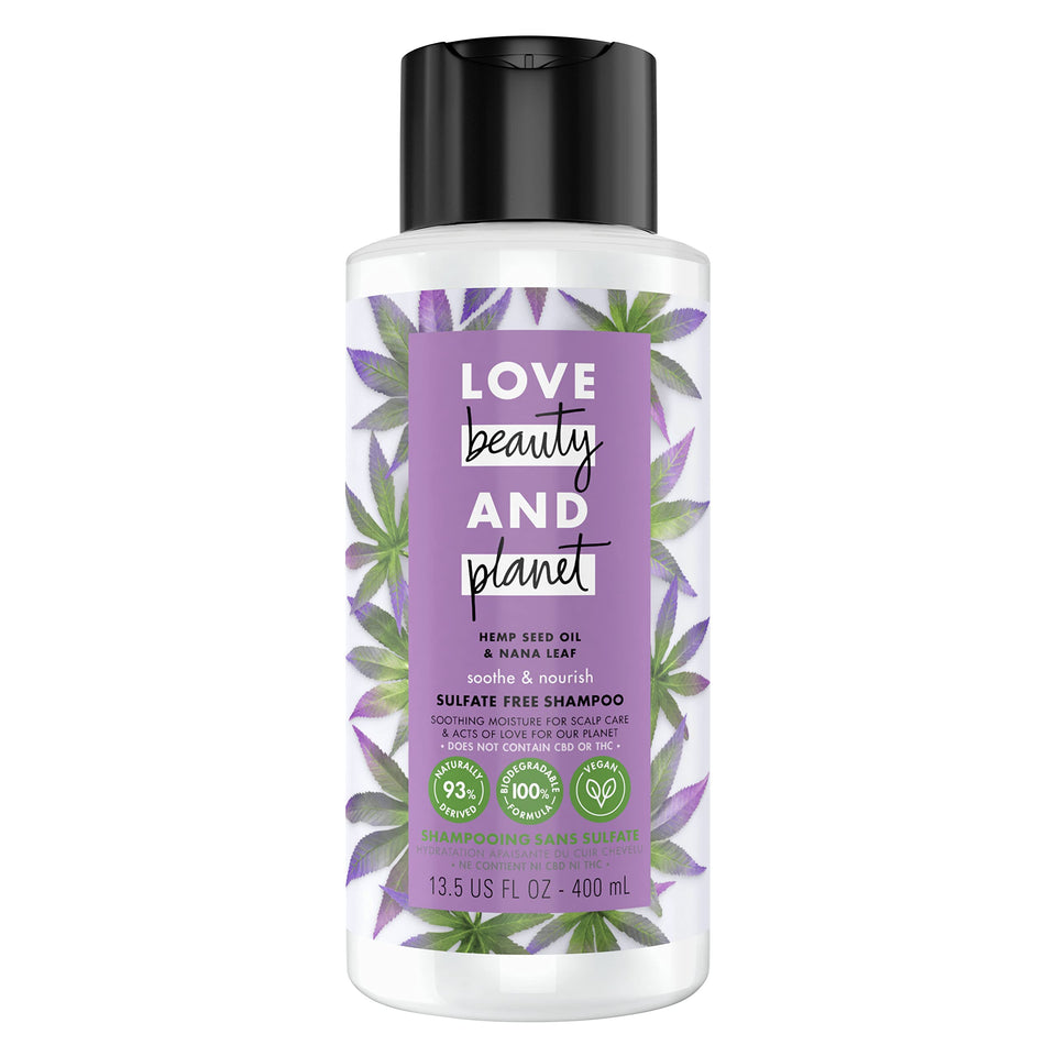 Love Beauty and Planet front packaging showing hemp seed and nana leaf benefits