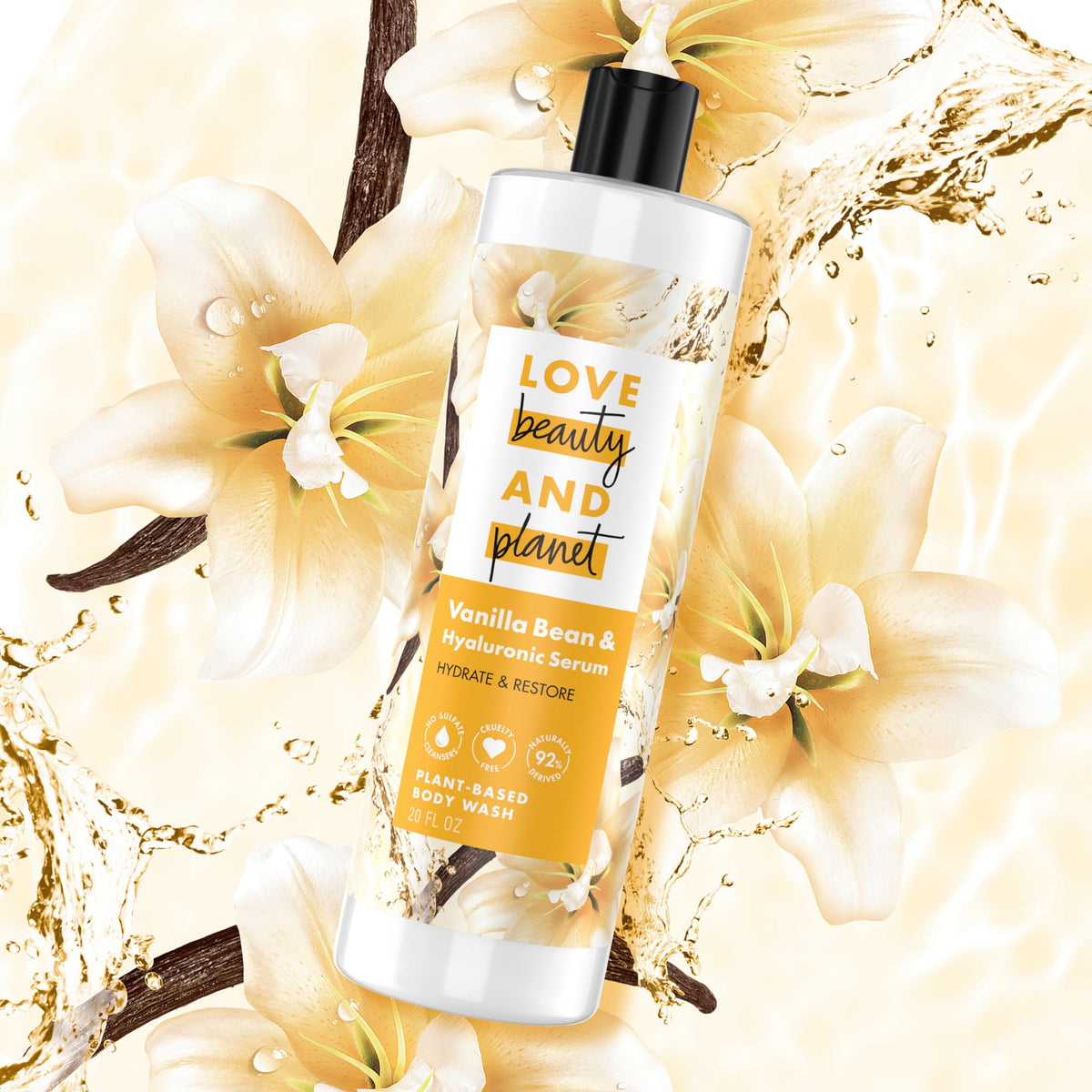 Love Beauty and Planet pump and label detail highlighting ingredients list