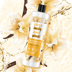 Love Beauty and Planet pump and label detail highlighting ingredients list