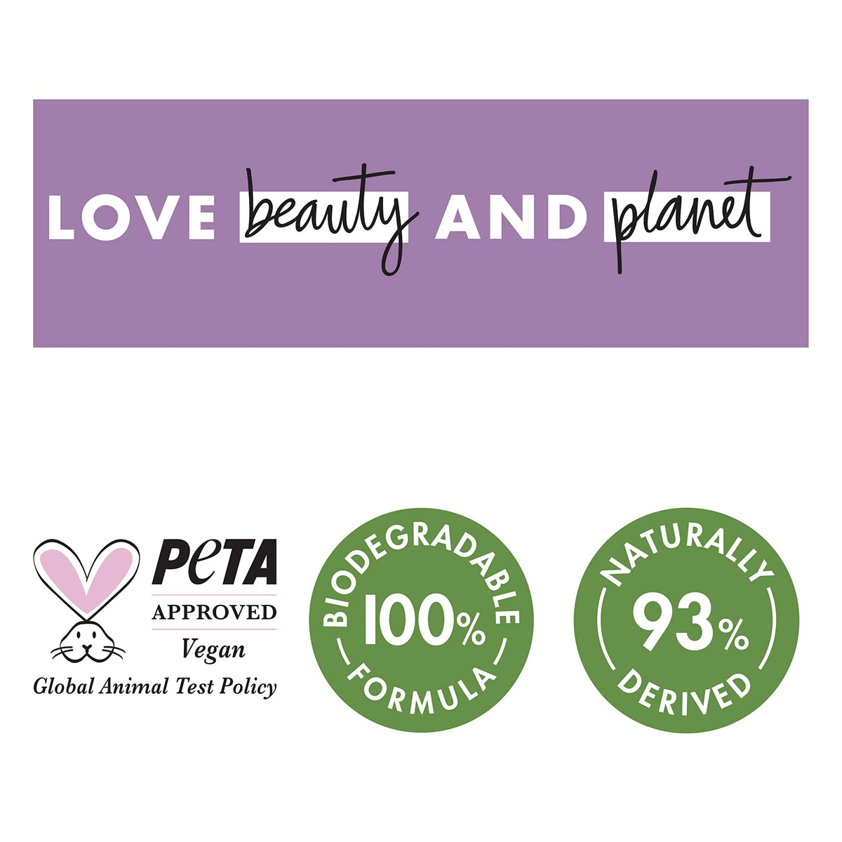 Love Beauty and Planet recycled bottle detail emphasizing sustainable packaging