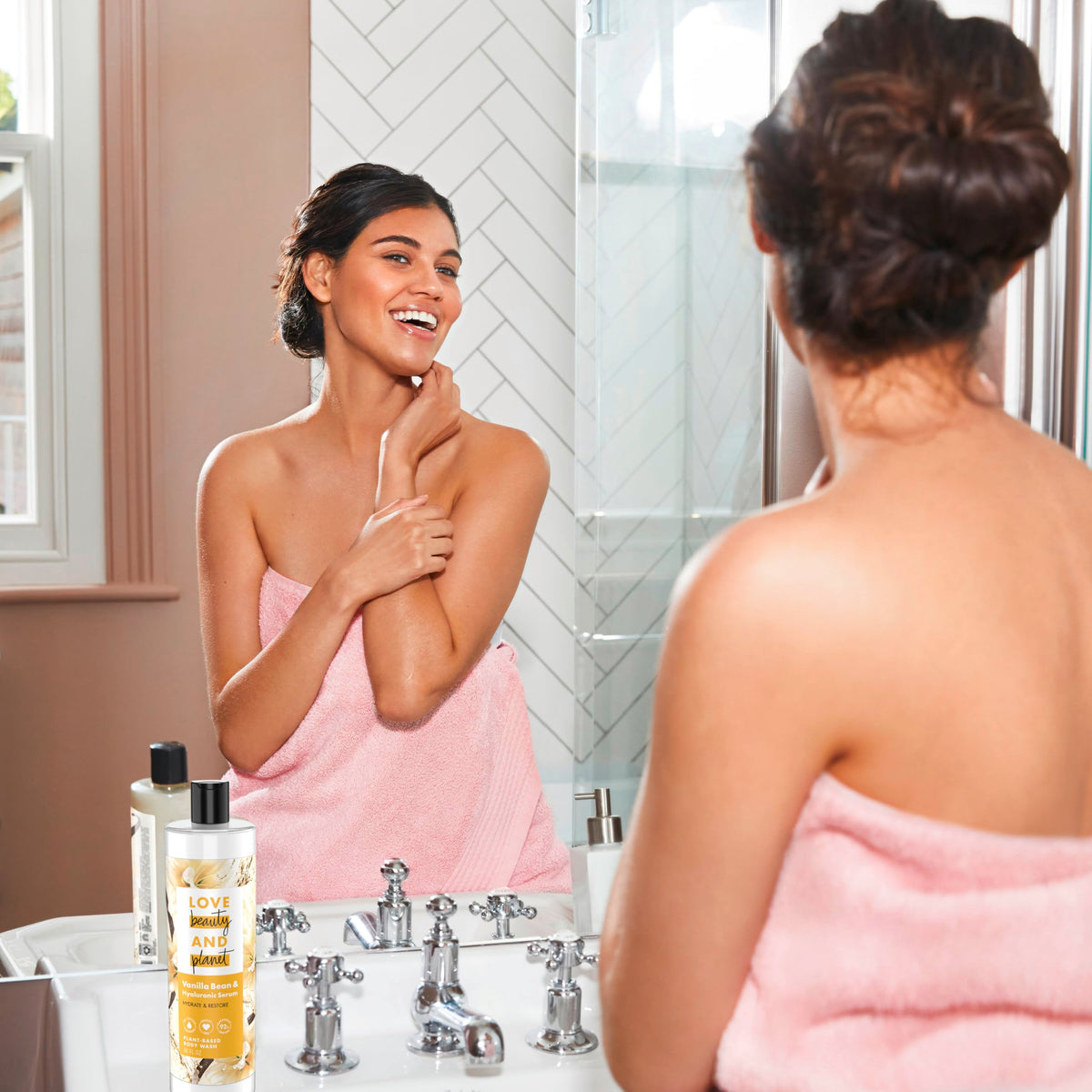 Love Beauty and Planet in shower lifestyle shot demonstrating gentle cleanse
