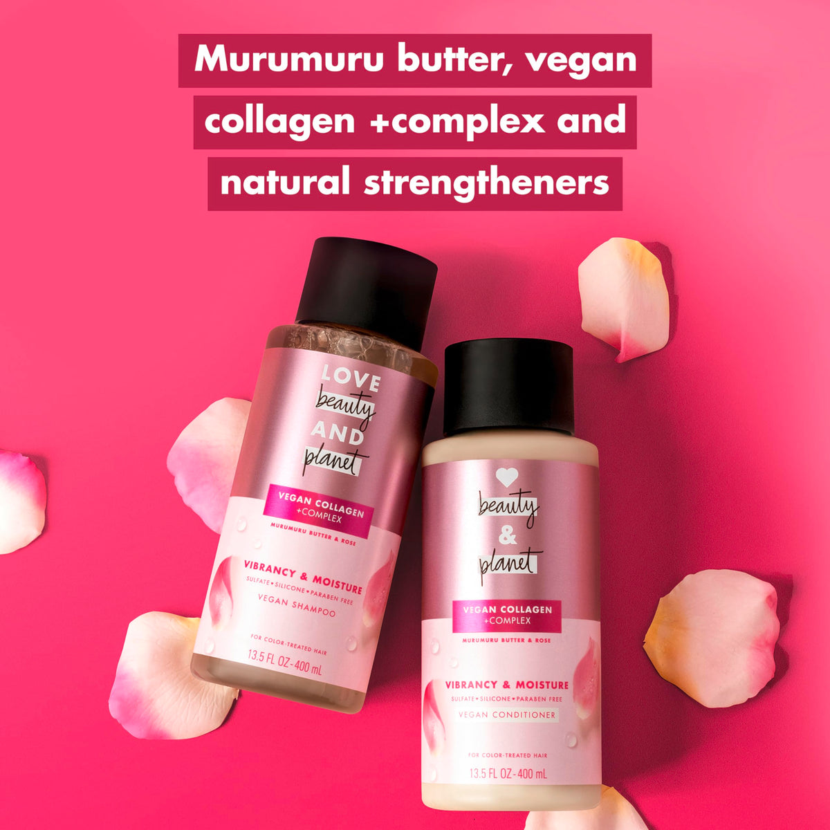 Love Beauty and Planet 13.5oz bottle in hand showing travel-friendly size