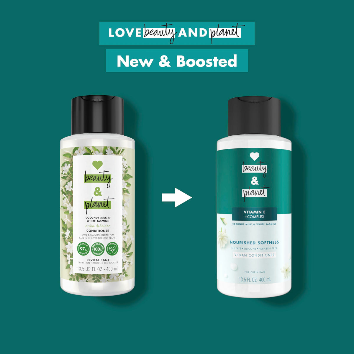 Love Beauty and Planet 13.5 oz bottle next to hand showing scale
