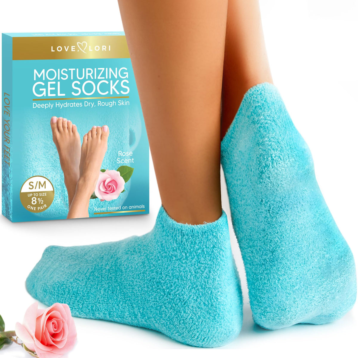 LOVE, LORI front view of moisturizing gel socks showing packaging and fit benefits