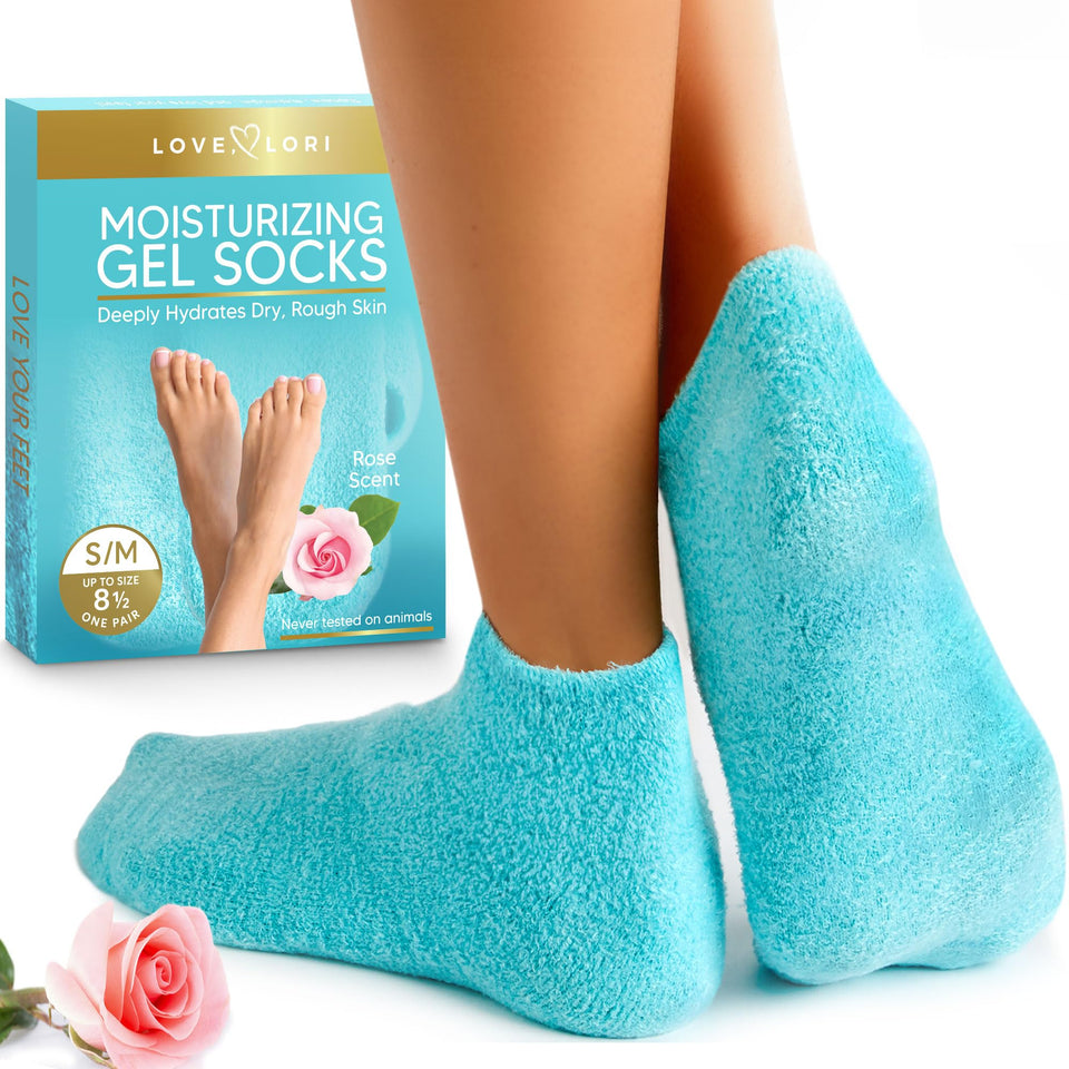 LOVE, LORI front view of moisturizing gel socks showing packaging and fit benefits