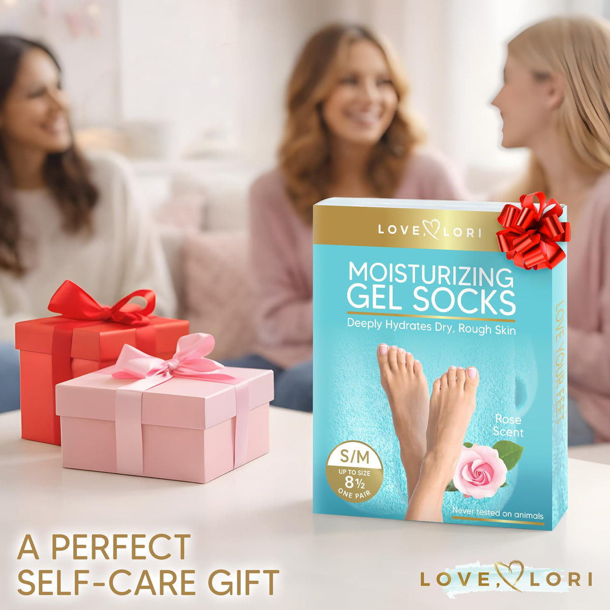 LOVE, LORI sock worn on foot during treatment showing easy at-home pampering