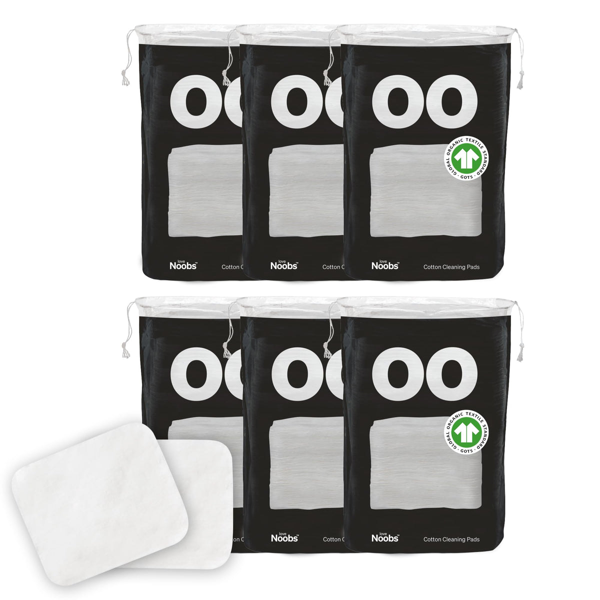 Love Noobs front packaging showing 360-count jumbo organic cotton pads and product name benefit