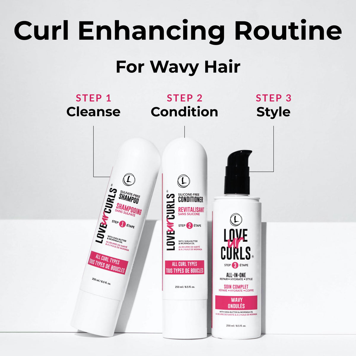 Close-up of Love Ur Curls bottle label highlighting key ingredients and clean formulation