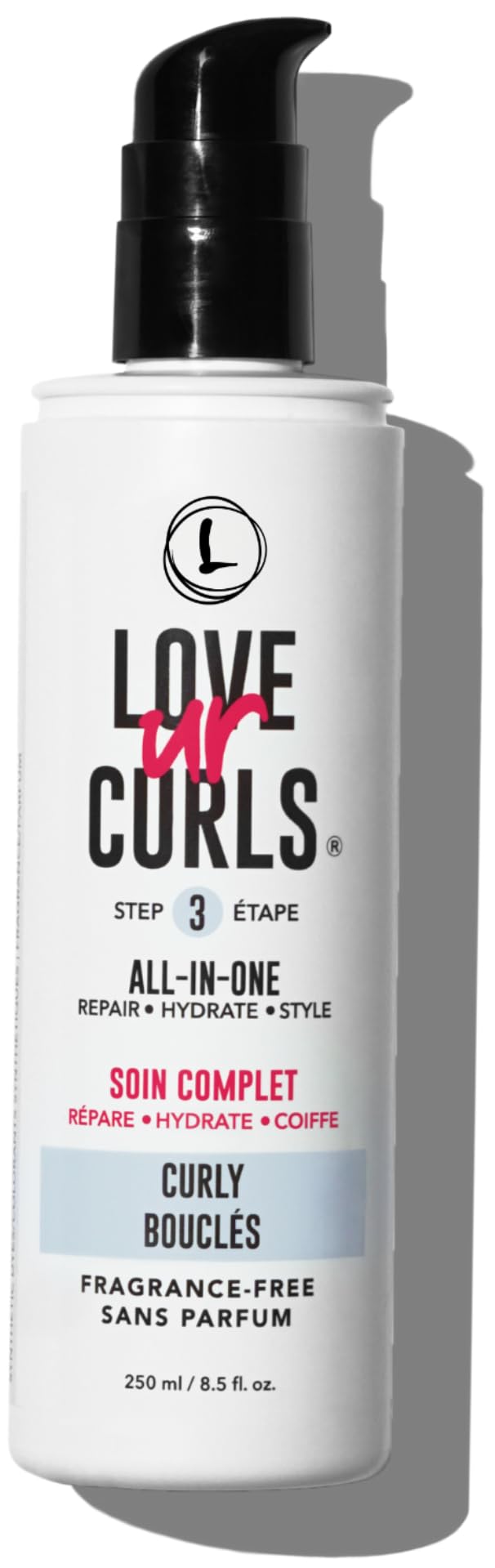 Love Ur Curls front packaging 250mL showing pump and brand for clarity