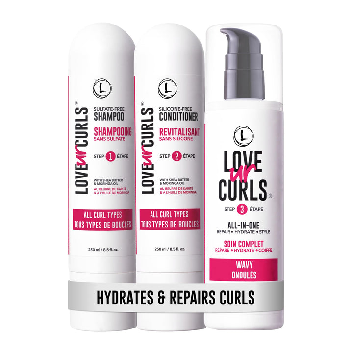 Love Ur Curls front packaging showing the three-product wavy system and benefits