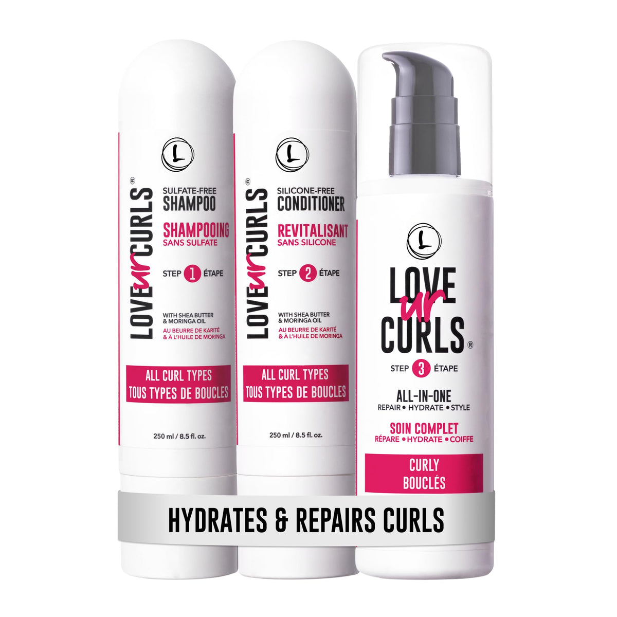 Love Ur Curls front packaging showing full 3-step set and natural ingredients benefit