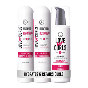 Love Ur Curls front packaging showing full 3-step set and natural ingredients benefit