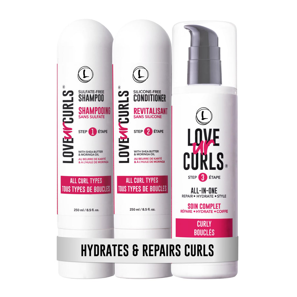 Love Ur Curls front packaging showing full 3-step set and natural ingredients benefit