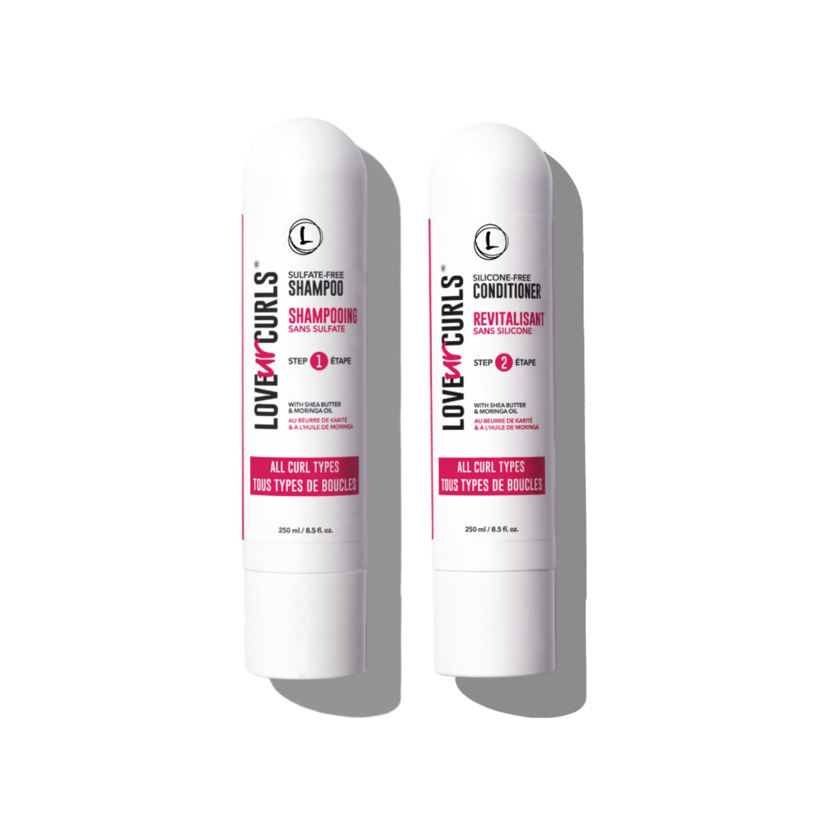 Love Ur Curls front packaging showing shampoo and conditioner, clear curl care branding and benefits
