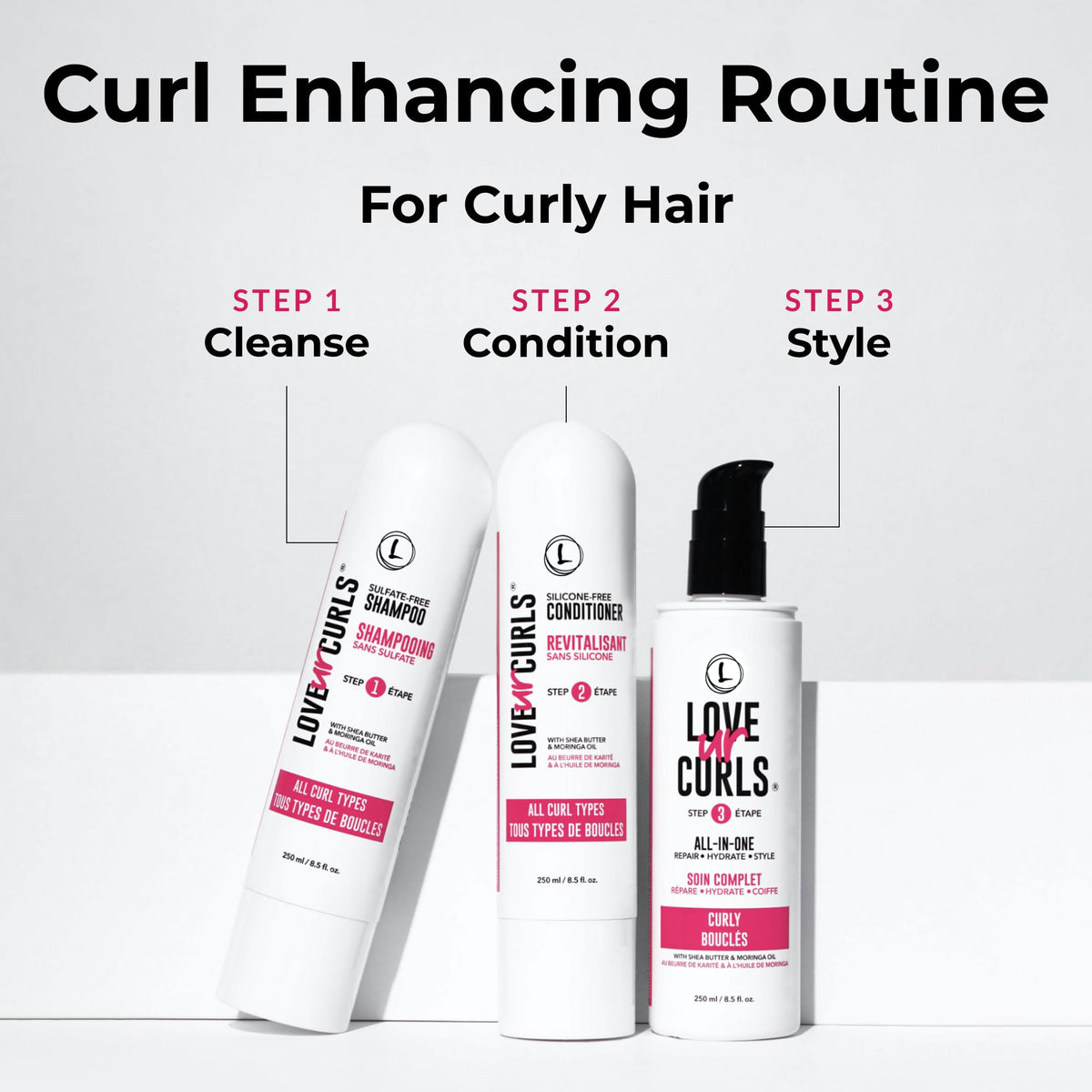 Love Ur Curls shampoo pump closeup highlighting gentle moisturizing formula and ease
