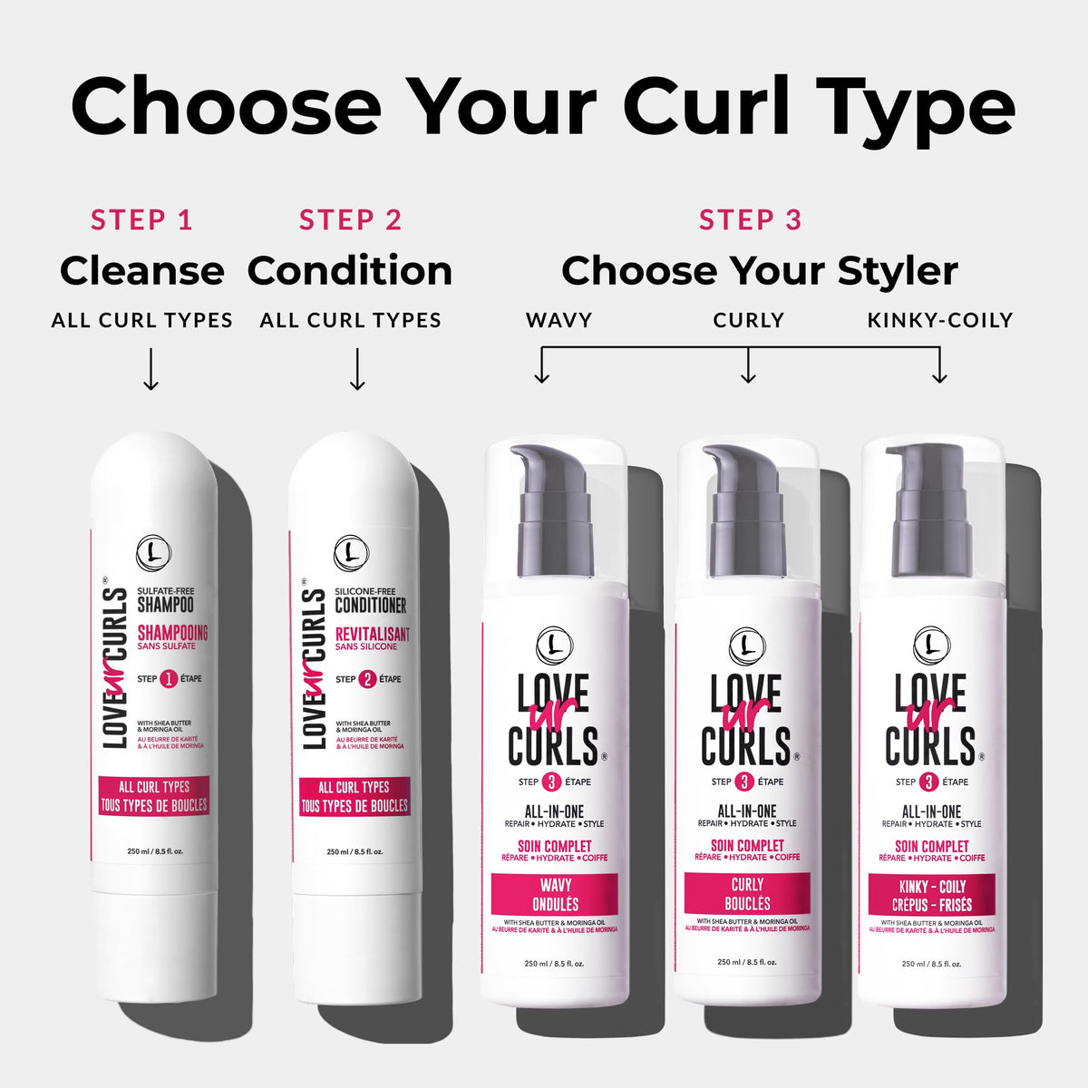 Love Ur Curls bottles next to hand to show product scale and convenient size