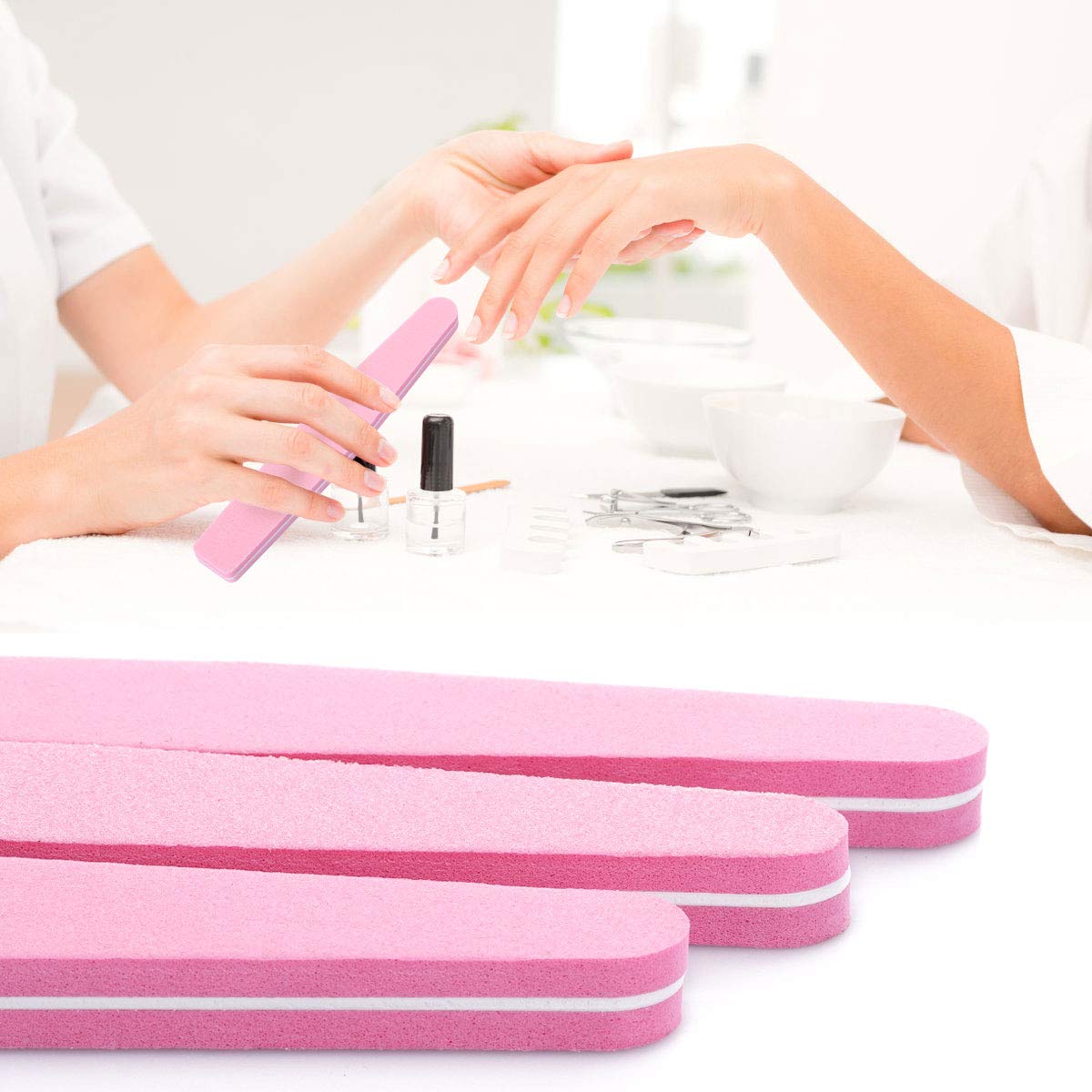 LoveBB buffers arranged on vanity showing ready-to-use salon prep and tidy storage