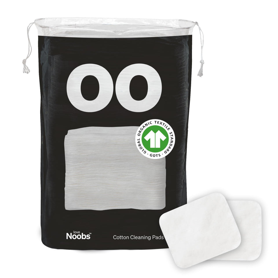 Love Noobs front packaging showing 60 organic jumbo cotton pads, gentle cleansing benefit