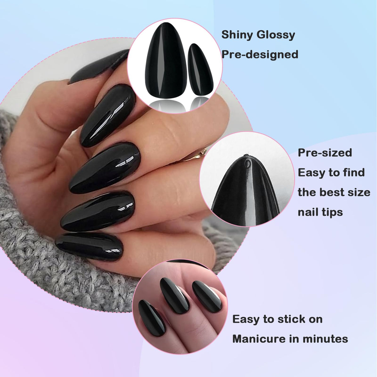 LoveOurHome close-up of glossy black almond tip showing smooth gel-like finish