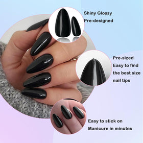 LoveOurHome close-up of glossy black almond tip showing smooth gel-like finish