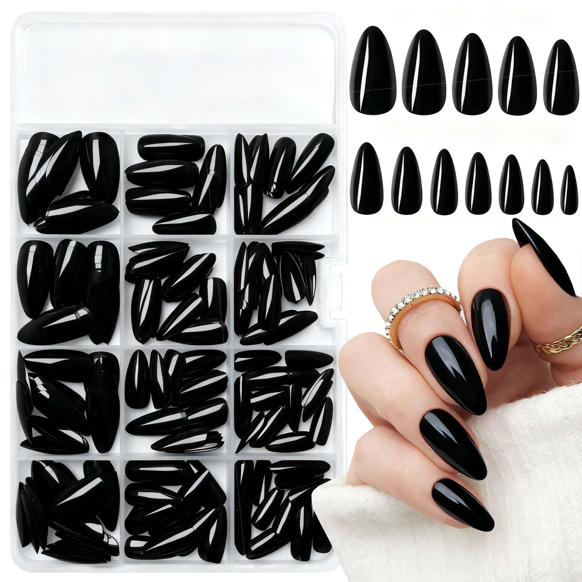 LoveOurHome front packaging showing full 240pc black almond set and organizer