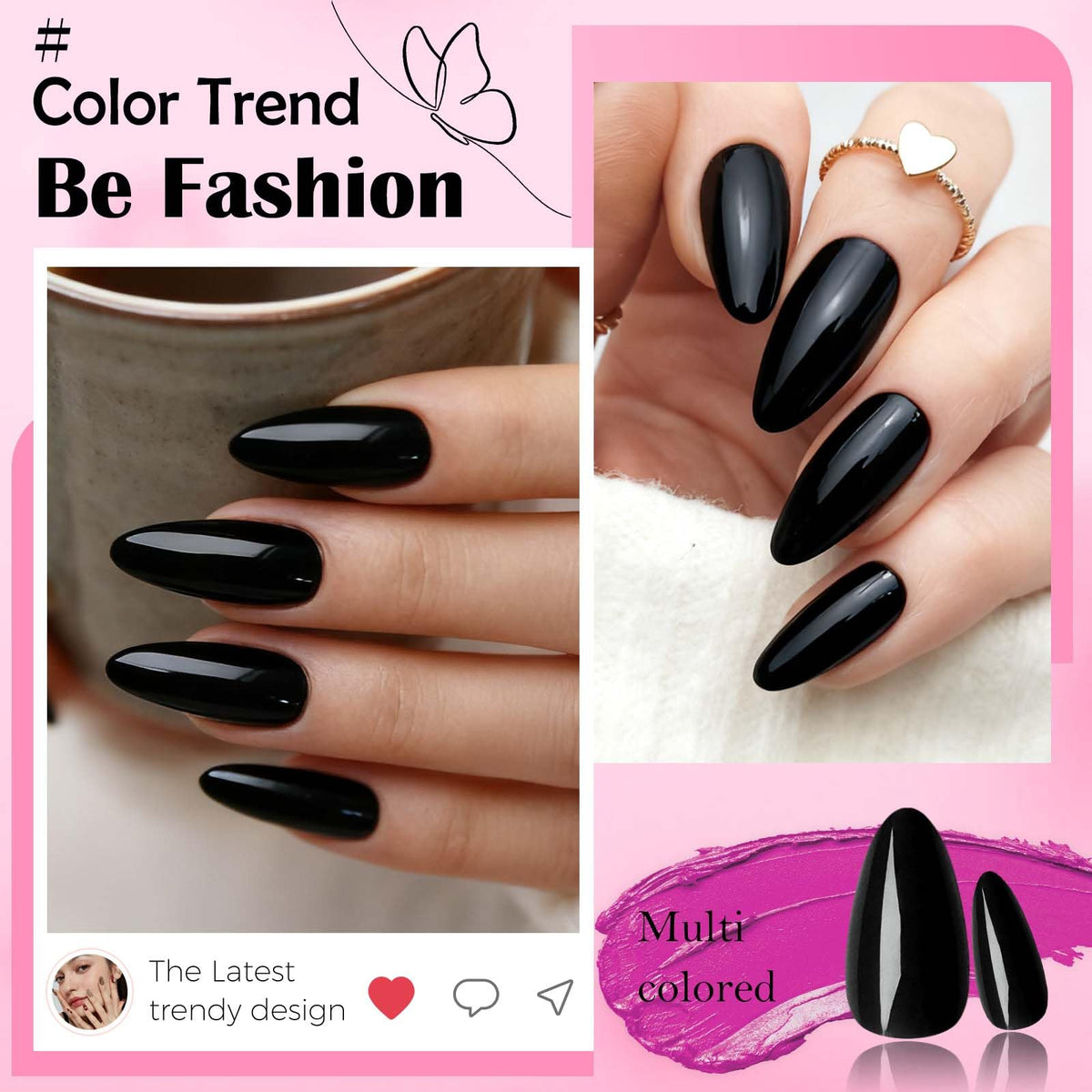 LoveOurHome lifestyle shot of woman showcasing finished glossy black almond manicure
