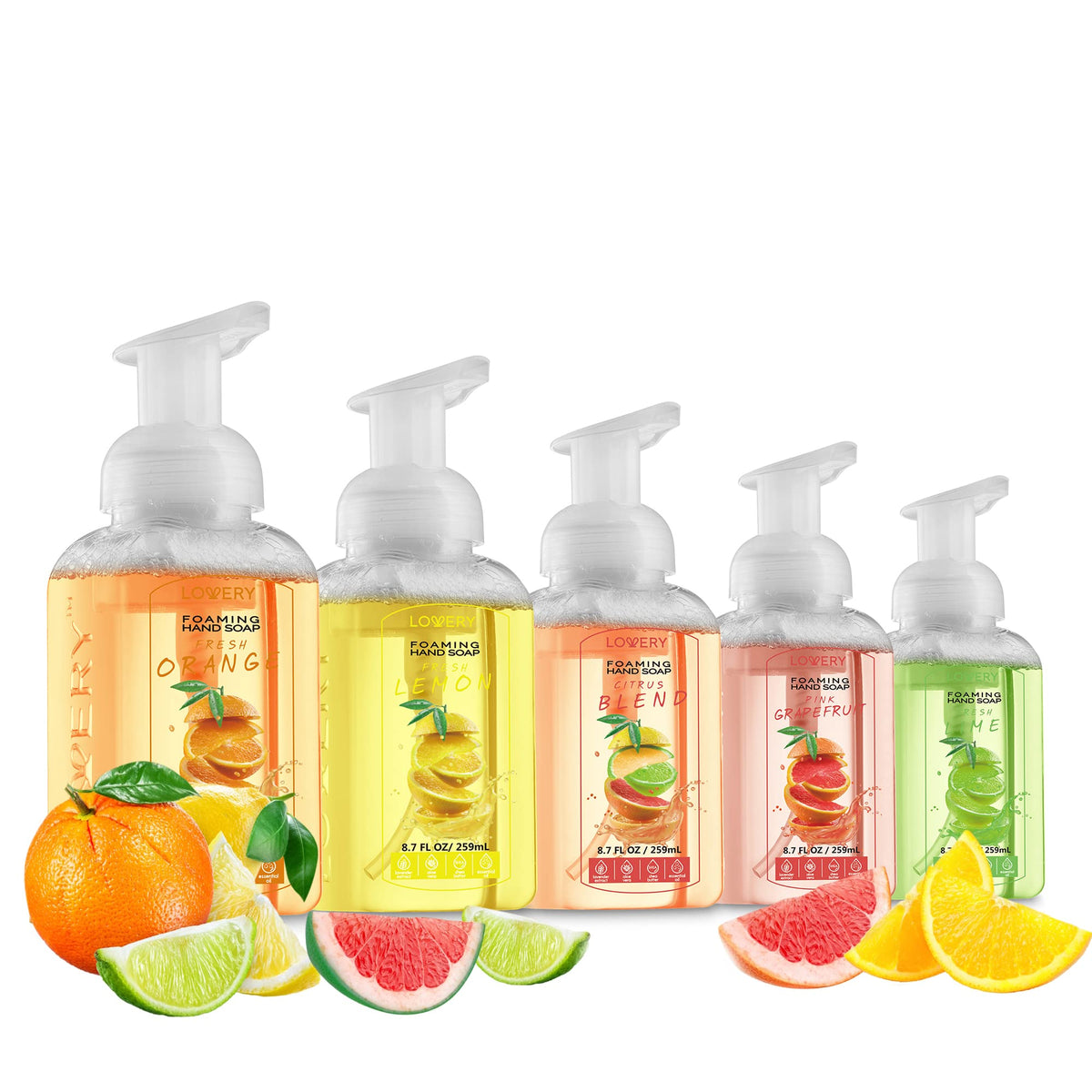 Lovery bottles styled with citrus fruits to show natural fragrance notes and fresh scent appeal