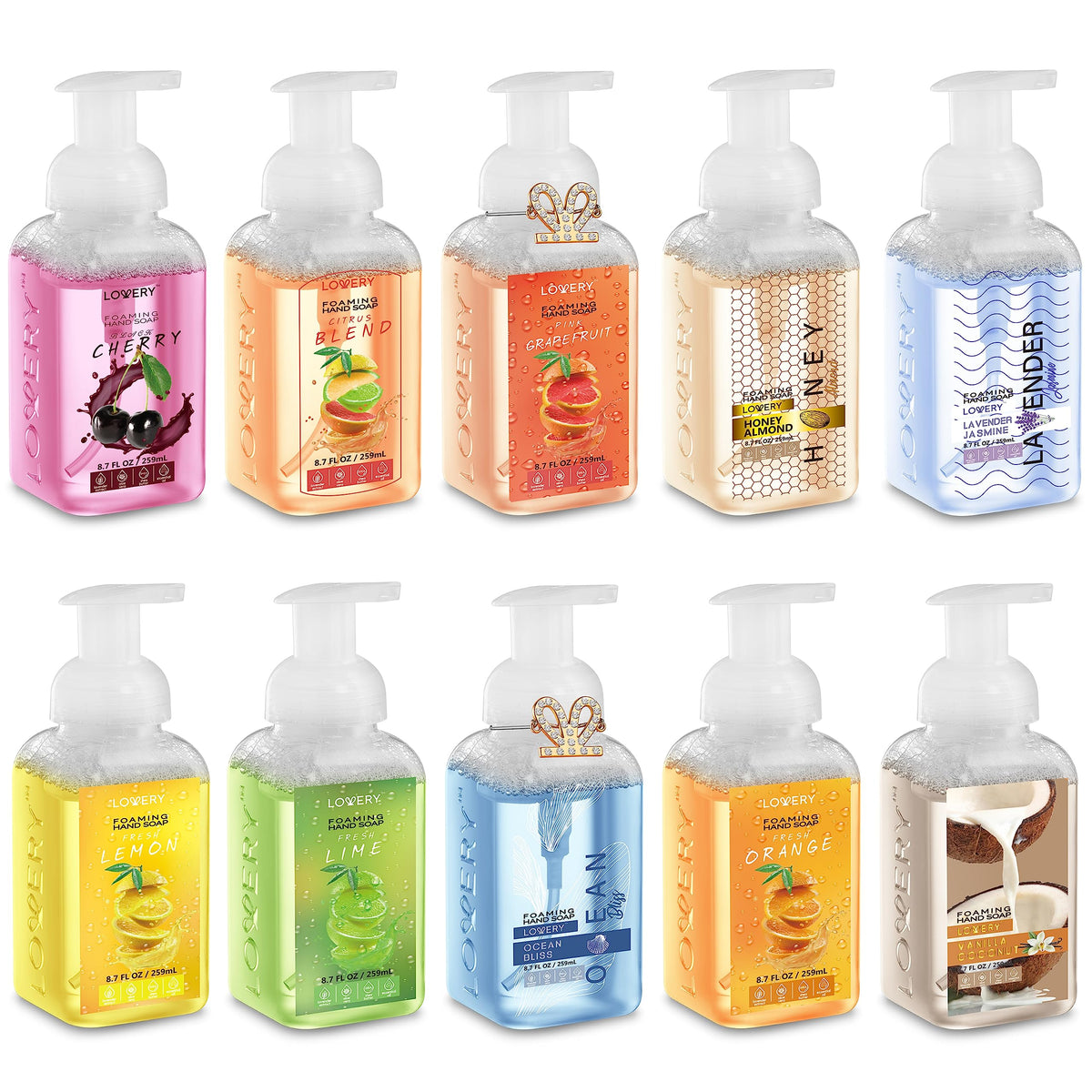 Lovery front packaging showing 10 colorful soap bottles and scent variety benefit