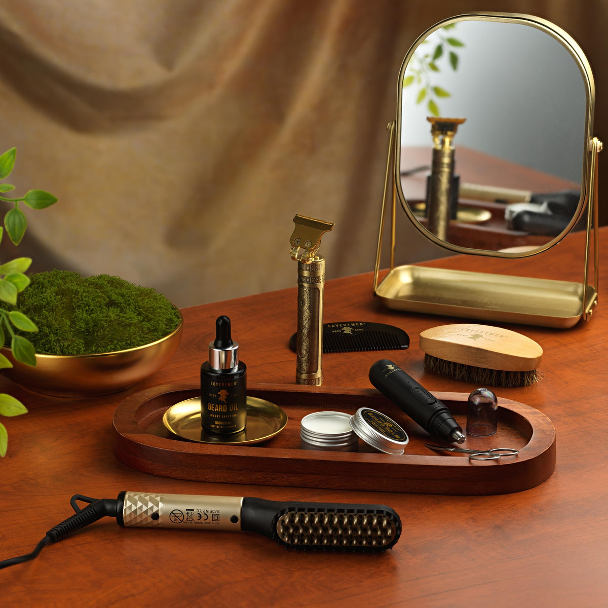 LOVERY beard oil and balm bottles close detail highlighting nourishing jojoba benefit